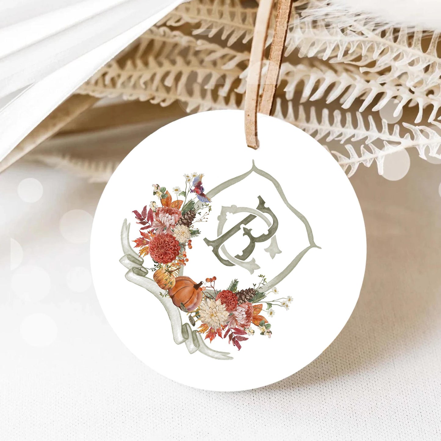 Autumn Watercolor Flower Leaf Wedding Crest - Monogram Crest - Rustic Fall Floral Luxury Watercolor Wedding Crest - Pumpkins Wedding Crest