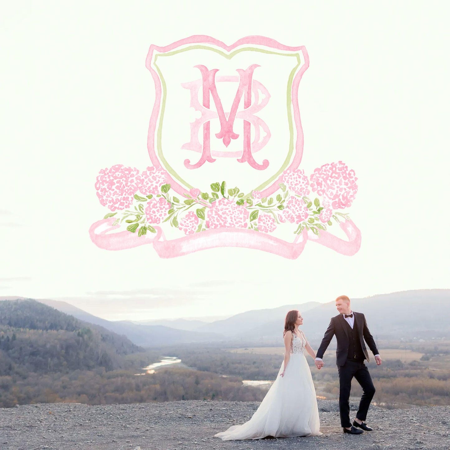 Pink Hydrangea Flower Wedding Crest - Monogram Crest - Light Pink Color Hydrangea Floral Luxury Watercolor Wedding Crest