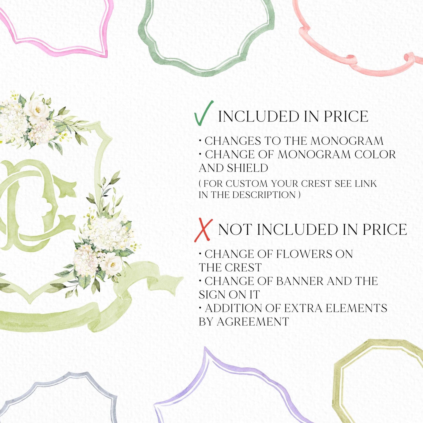White Hydrangea Flower Wedding Crest - Monogram Crest - Hydrangea Floral Luxury Watercolor Wedding Crest - Romantic Wedding Crest