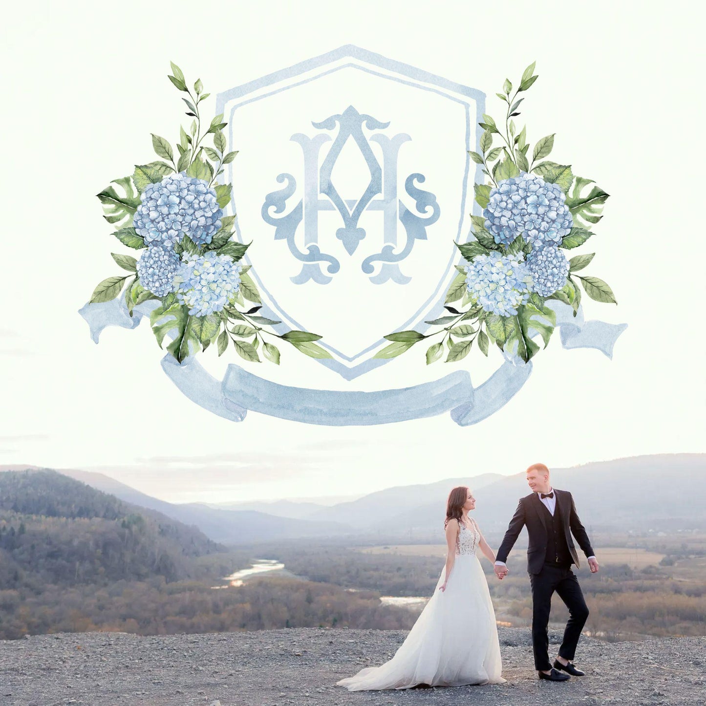 Blue Hydrangea Flower Wedding Crest - Monogram Crest - Hydrangea Floral Luxury Watercolor Wedding Crest - Romantic Wedding Crest