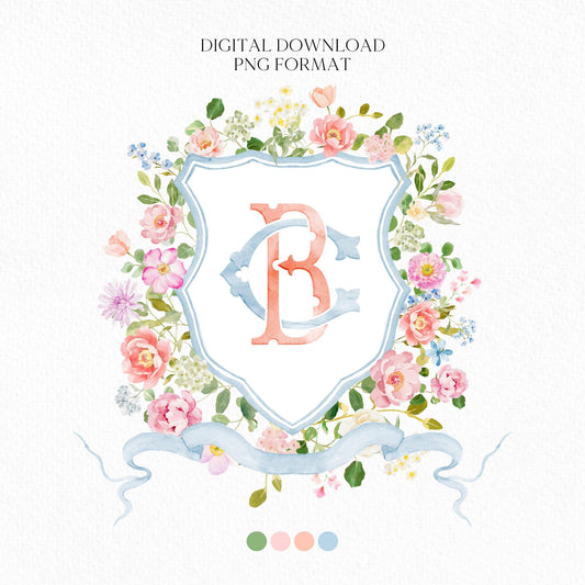 Wildflowers Bright Floral Colorful Watercolor Wedding Crest - Monogram Crest - Floral Watercolor Wedding Crest - Romantic Wedding Crest