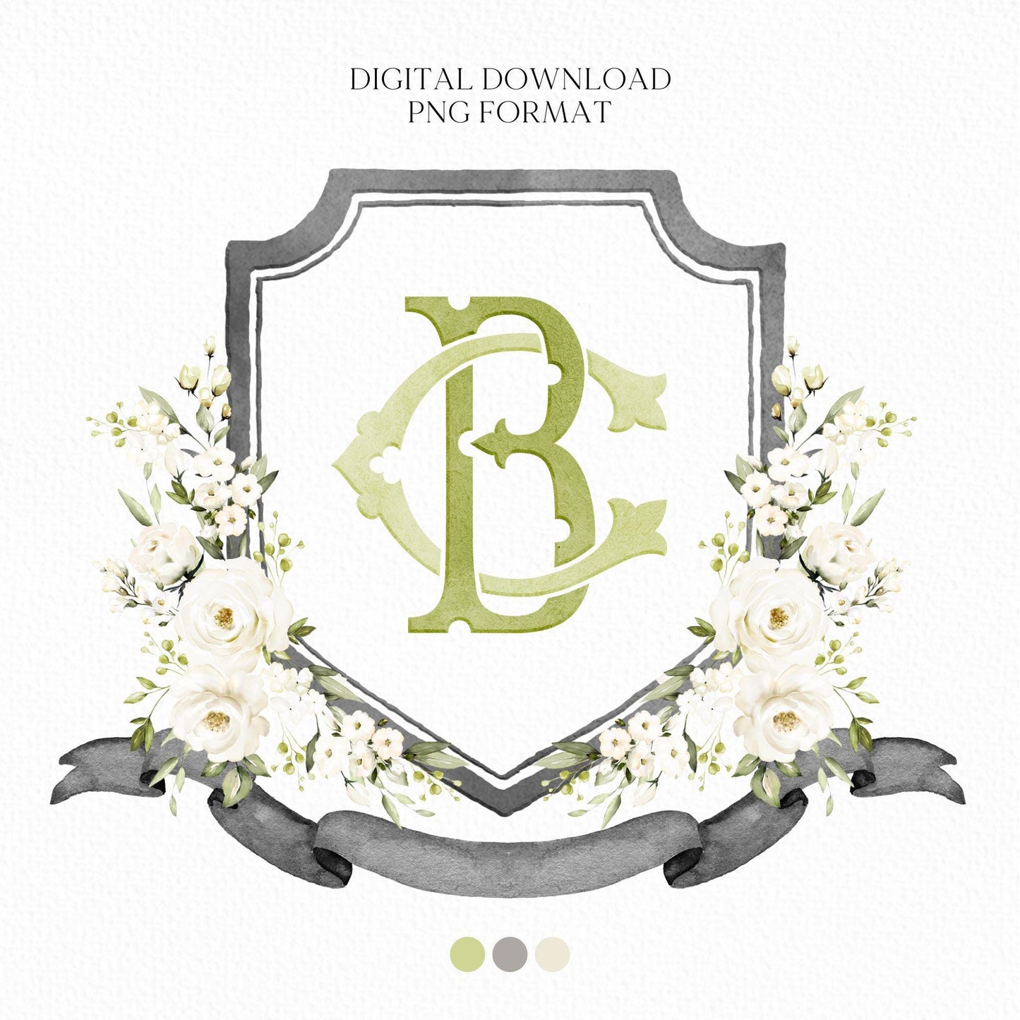 Creamy Rose Ivory Greenery White Flower Wedding Crest - Monogram Crest - White Floral Watercolor Wedding Crest - Romantic Wedding Crest