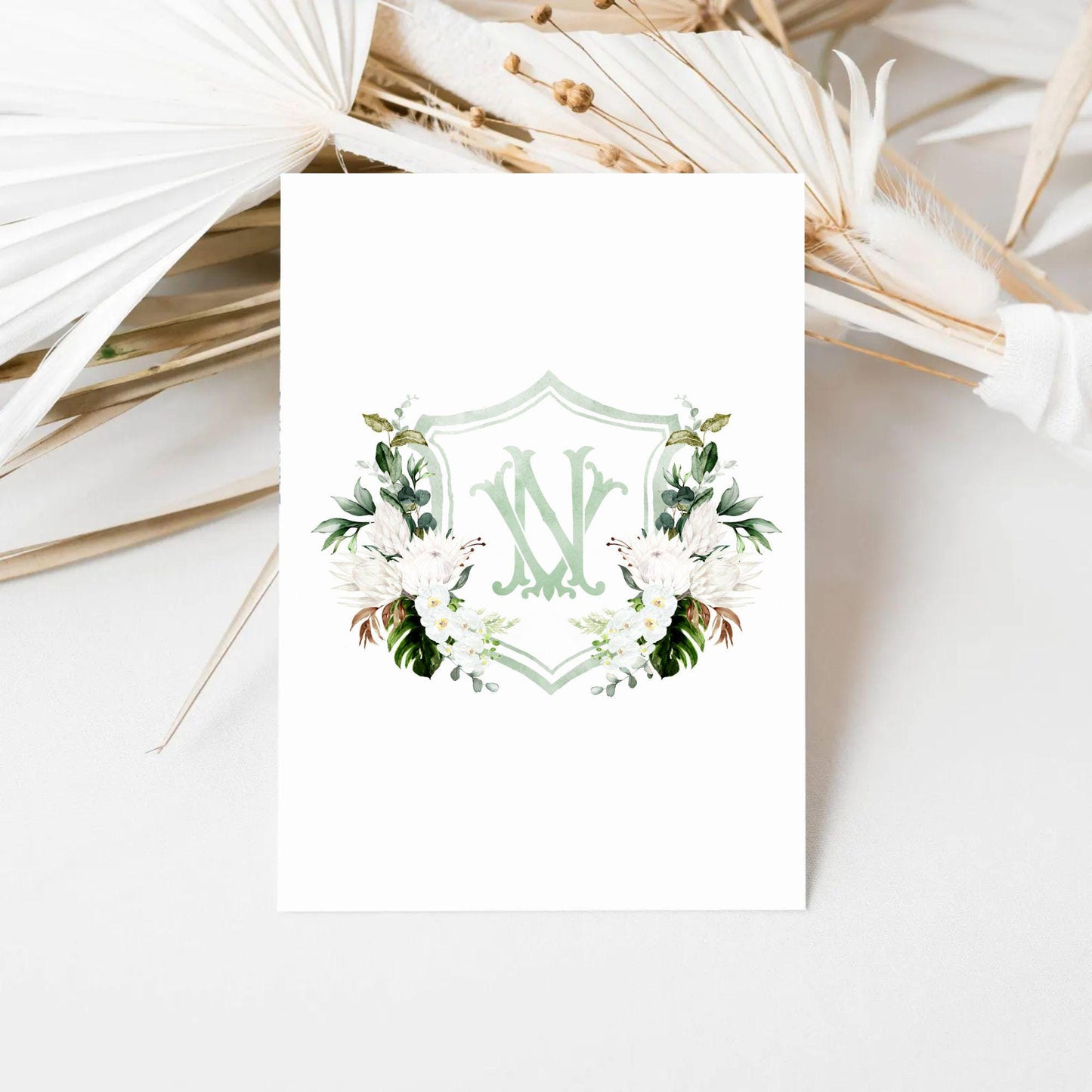 White Green Orchid Protea Tropical Flower Wedding Crest - Monogram Crest - Orchid Floral Watercolor Wedding Crest - Romantic Wedding Crest