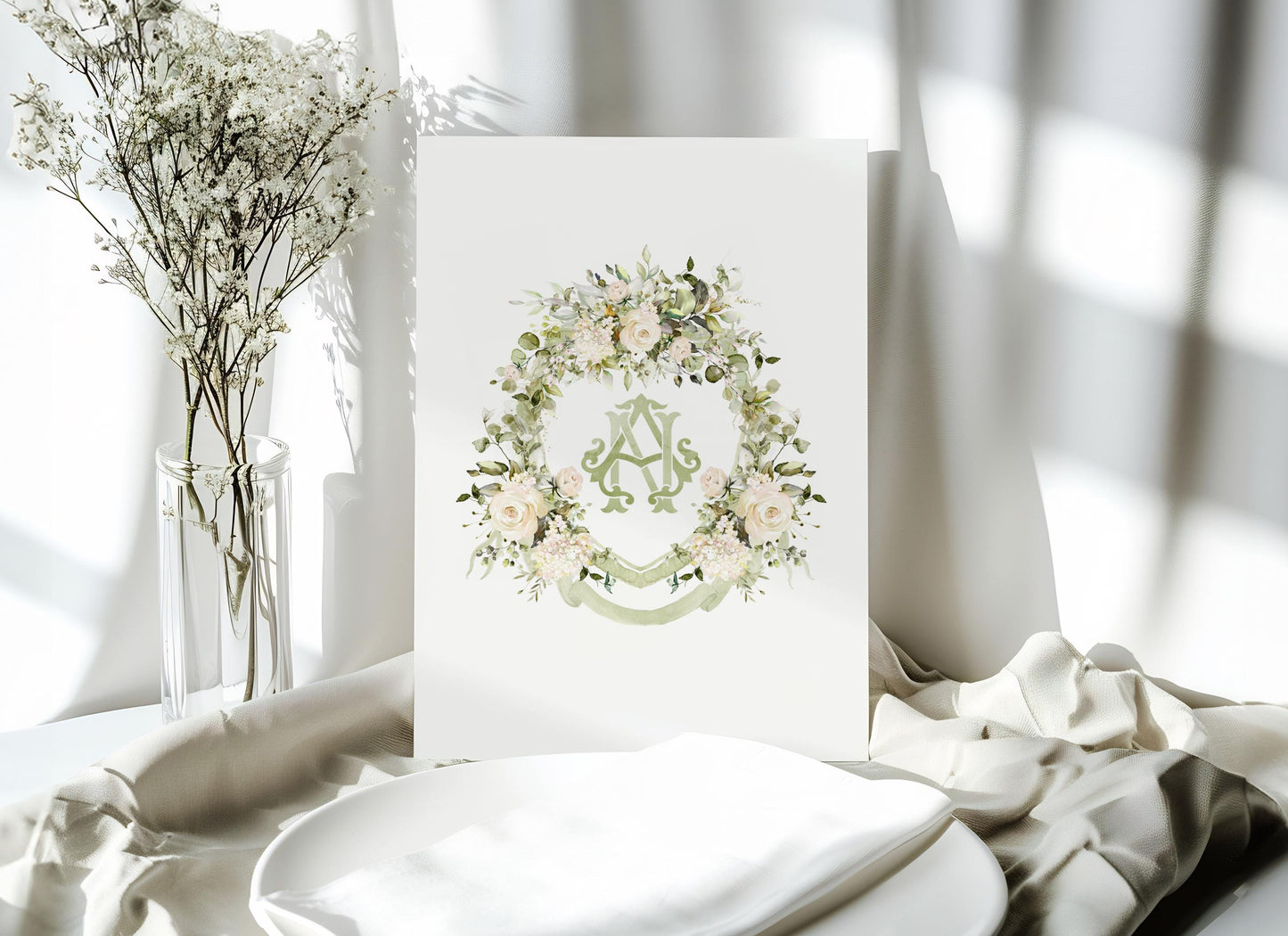 White Roses Eucalyptus Flower Wedding Crest - Monogram Crest - White Floral Luxury Watercolor Wedding Crest - Romantic Wedding Crest
