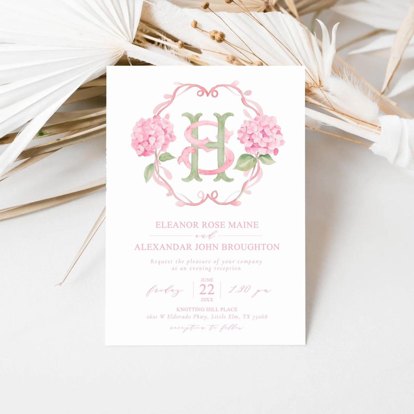 Pink Hydrangea Flower Wedding Crest - Monogram Crest - Hydrangea Floral Luxury Watercolor Wedding Crest - Romantic Wedding Crest