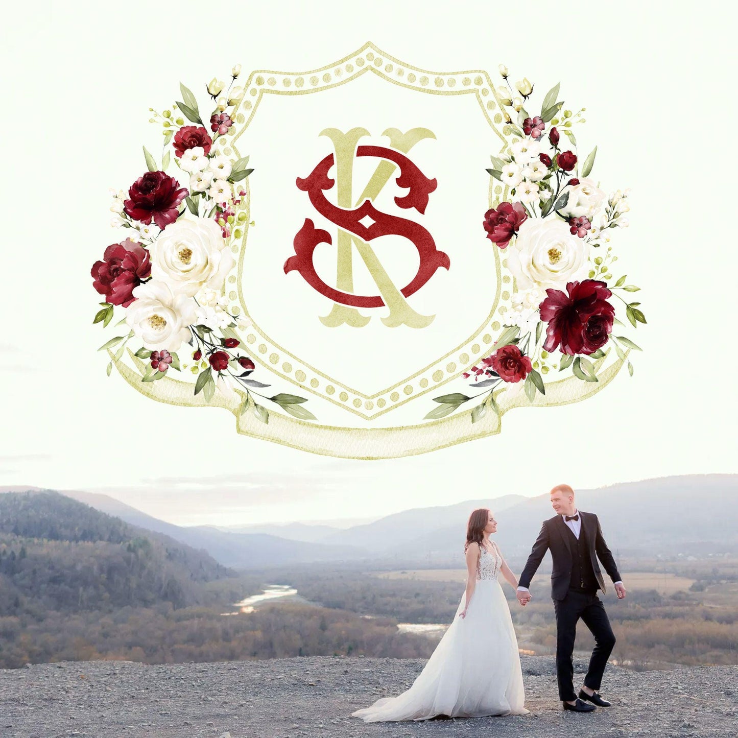 Burgundy and White Floral Wedding Crest - Monogram Crest - Roses White Floral Watercolor Wedding Crest - Romantic Wedding Crest