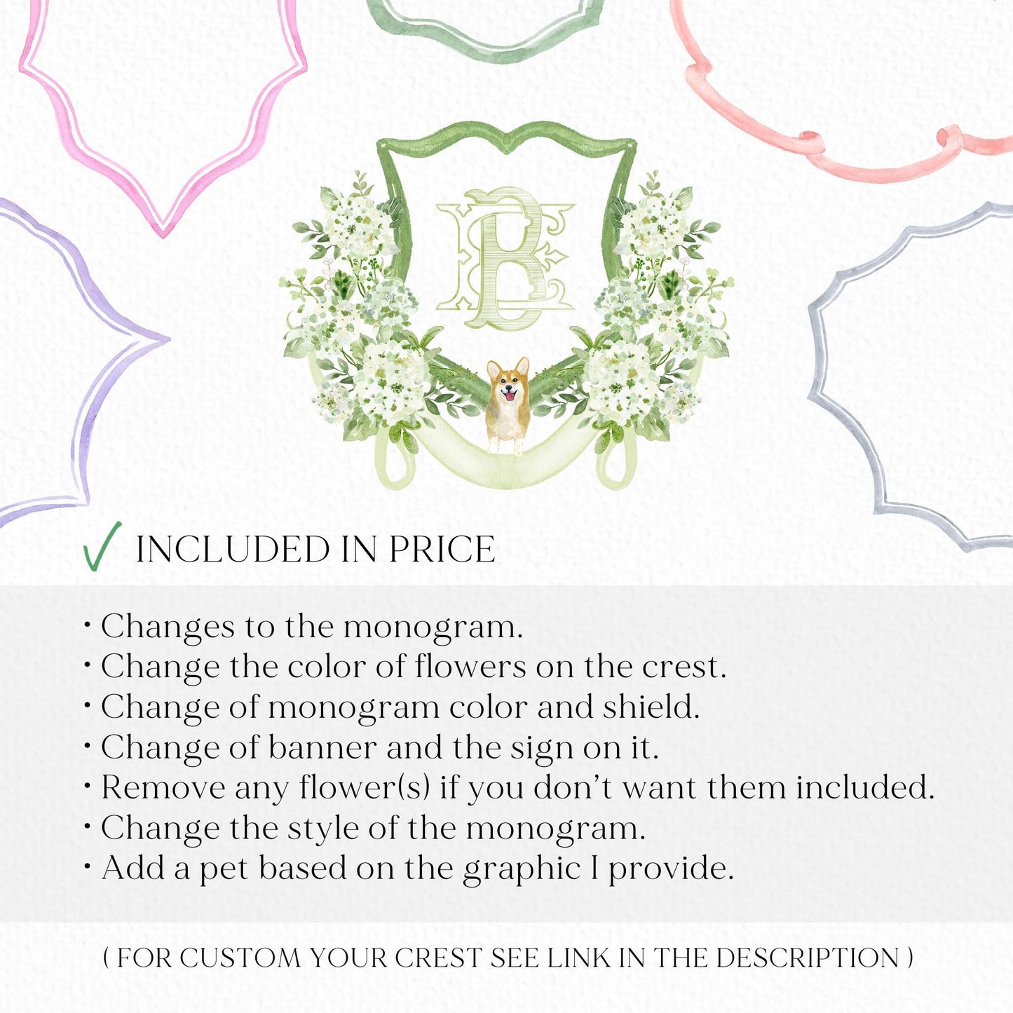 Green Hydrangea Flower Wedding Crest - Monogram Crest - Hydrangea White Floral Luxury Watercolor Wedding Crest - Romantic Wedding Crest