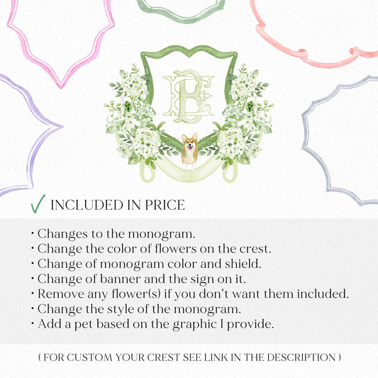 Green Hydrangea Flower Wedding Crest - Monogram Crest - Hydrangea White Floral Luxury Watercolor Wedding Crest - Romantic Wedding Crest