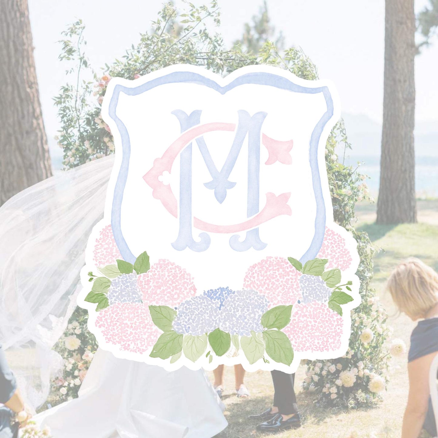 Pink Light Blue Hydrangea Flower Wedding Crest - Monogram Crest - Blue Hydrangea Floral Watercolor Wedding Crest - Romantic Wedding Crest
