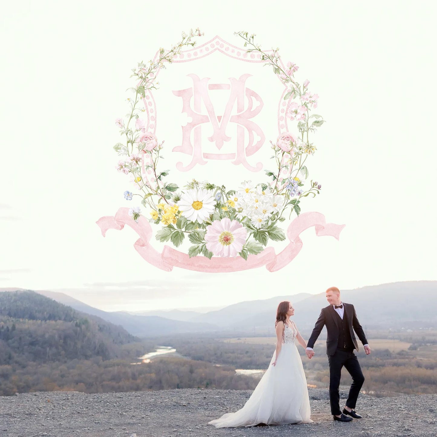Pastel Wildflowers Light Pink Watercolor Wedding Crest - Monogram Crest - Floral Watercolor Wedding Crest - Romantic Wedding Crest