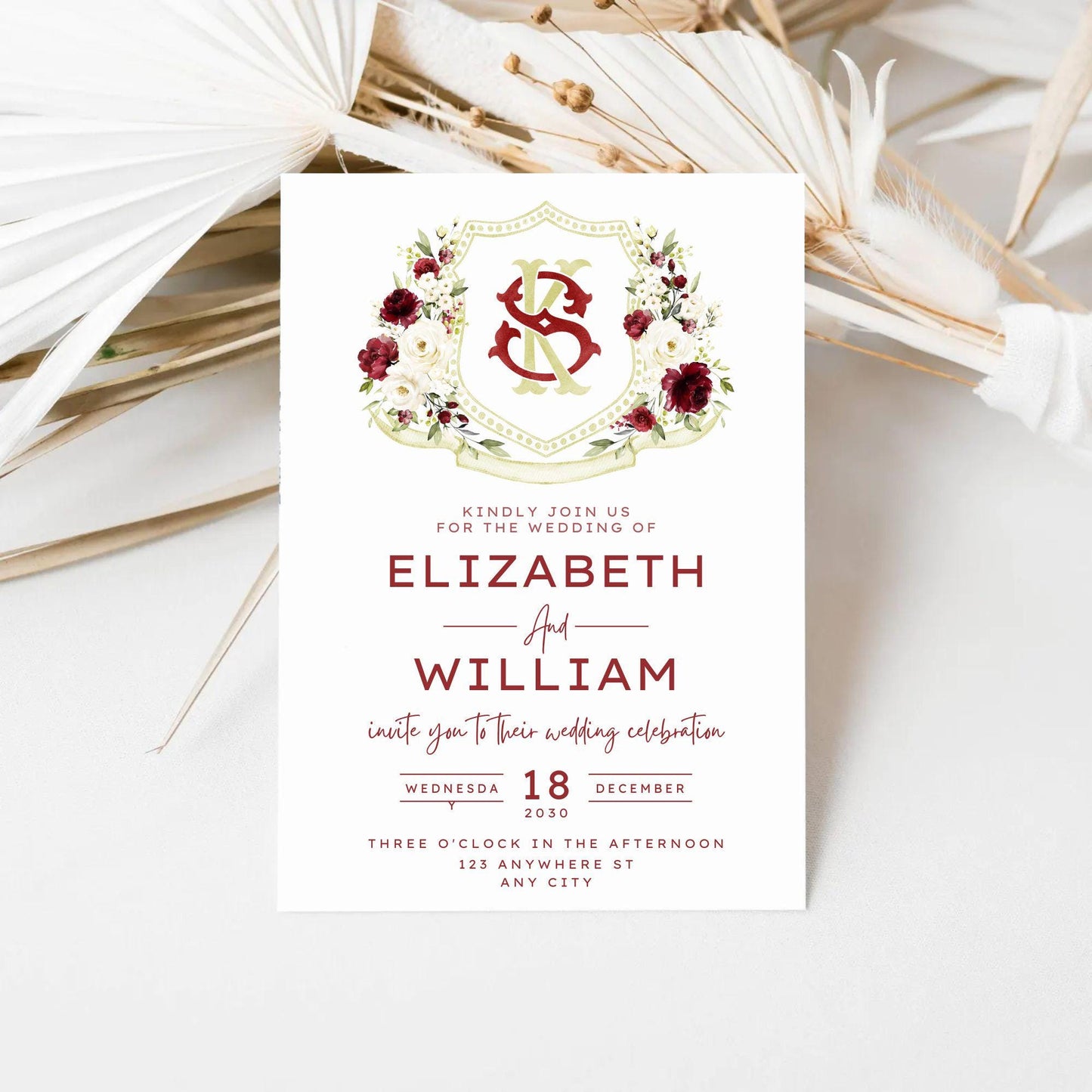 Burgundy and White Floral Wedding Crest - Monogram Crest - Roses White Floral Watercolor Wedding Crest - Romantic Wedding Crest