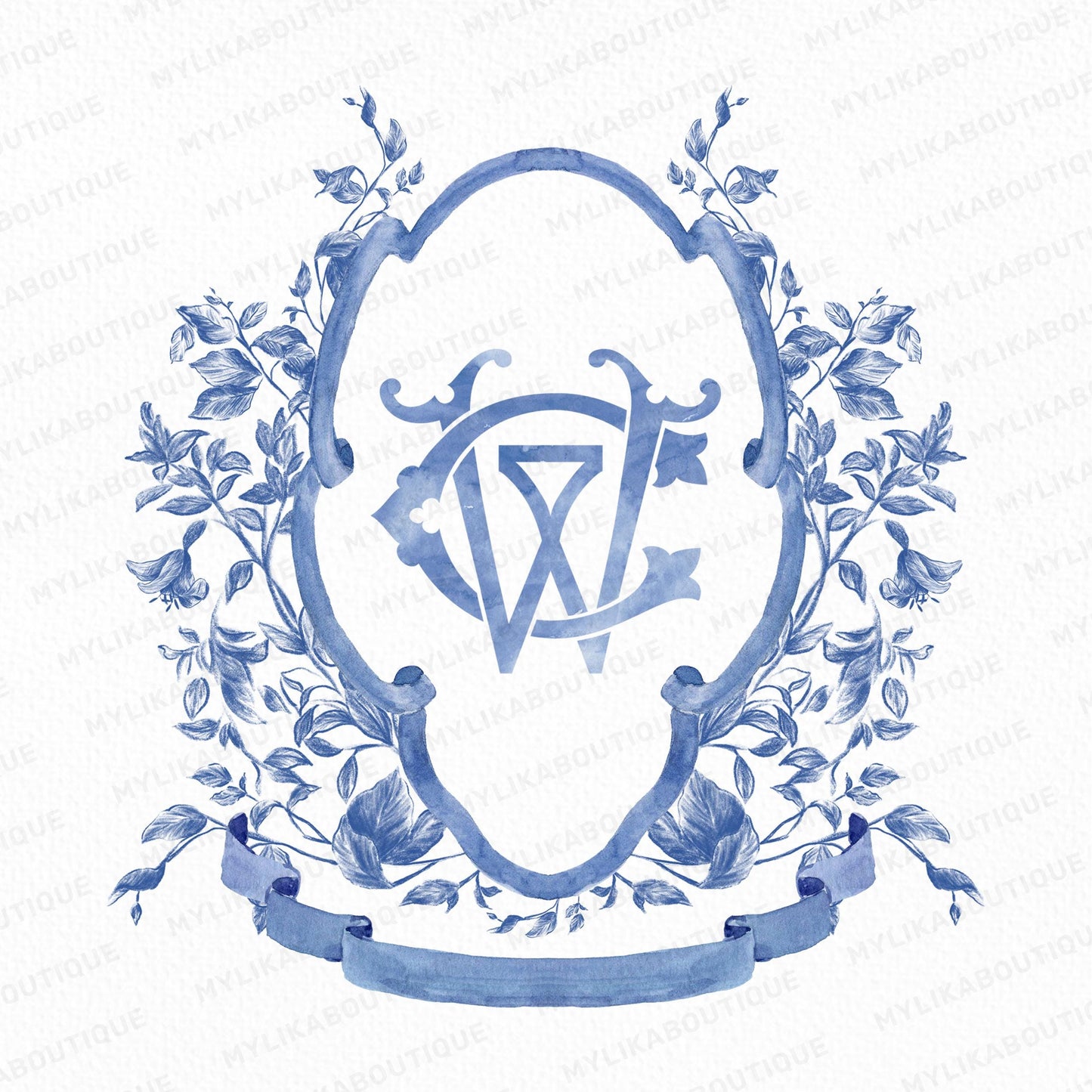 Dusty Blue Flower Wedding Crest - Monogram Crest - Vinatge Dusty Blue Floral Luxury Watercolor Wedding Crest - Romantic Wedding Crest