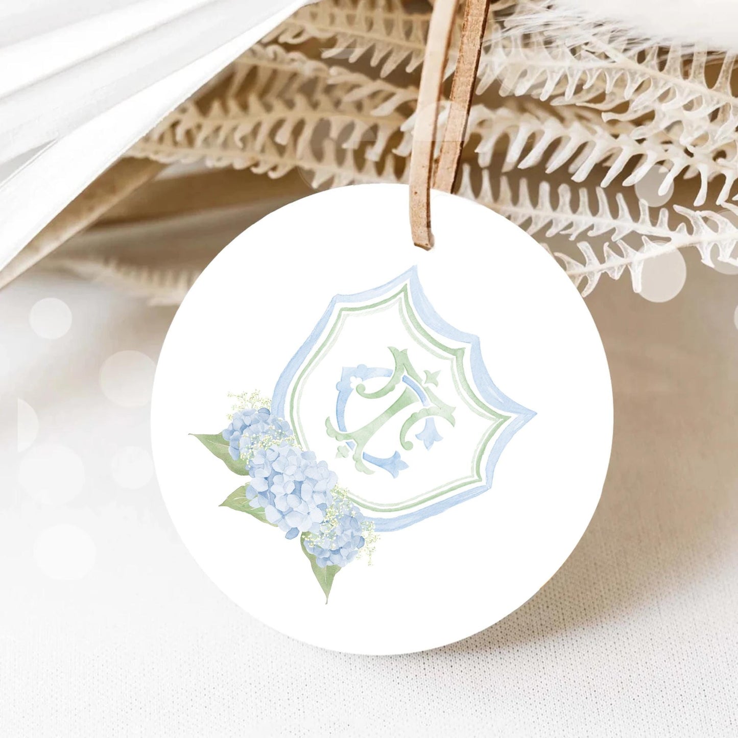 Hydrangea Flower Sage Green Baby's Breath Wedding Crest - Monogram Crest - Hydrangea Light Blue Floral Luxury Watercolor Wedding Crest