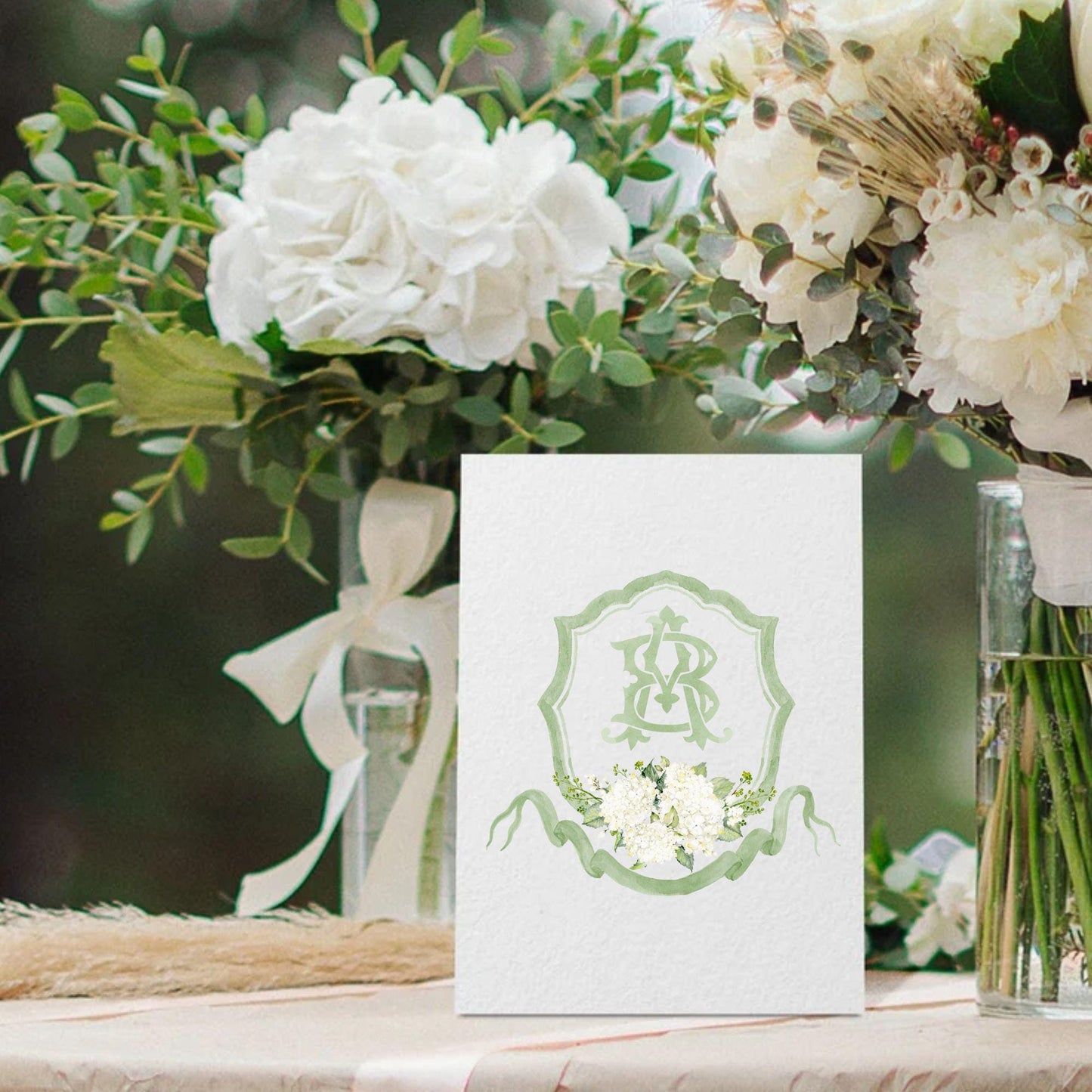 White Hydrangea Flower Greenery Wedding Crest - Monogram Crest - Hydrangea Floral Luxury Watercolor Wedding Crest - Romantic Wedding Crest