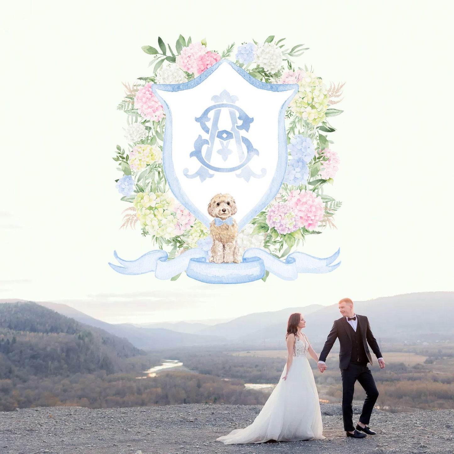 Blue White Pink Hydrangea Flower Wedding Crest - Monogram Crest - Pastel Color Hydrangea Floral Luxury Watercolor Wedding Crest