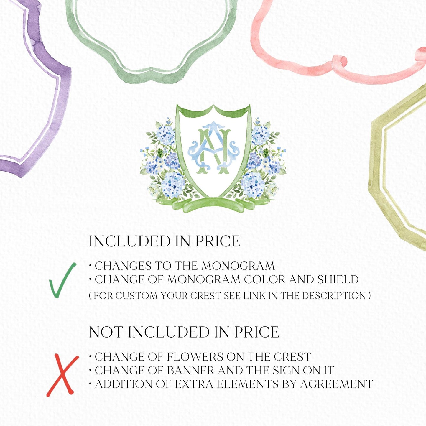 Hydrangea Flower Wedding Crest - Monogram Crest - Hydrangea Floral Luxury Watercolor Wedding Crest - Romantic Wedding Crest- Boho Hydrangea
