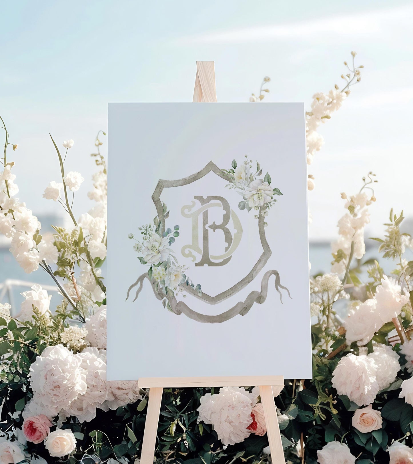 White Roses Flower Wedding Crest - Monogram Crest - White Floral Luxury Watercolor Wedding Crest - Romantic Wedding Crest - Boho Roses