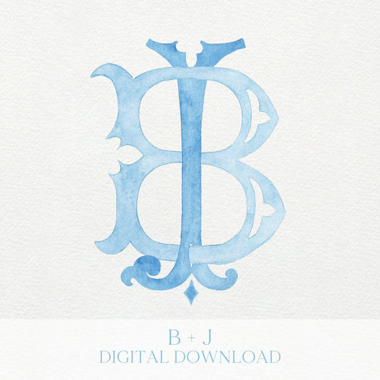 Watercolor Wedding Monogram JB - Classic 2 Letter Design (Digital Download)