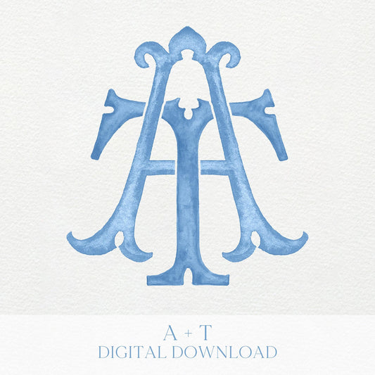 Watercolor Wedding Monogram – AT/TA Interlocking Initial Crest (Digital Download)