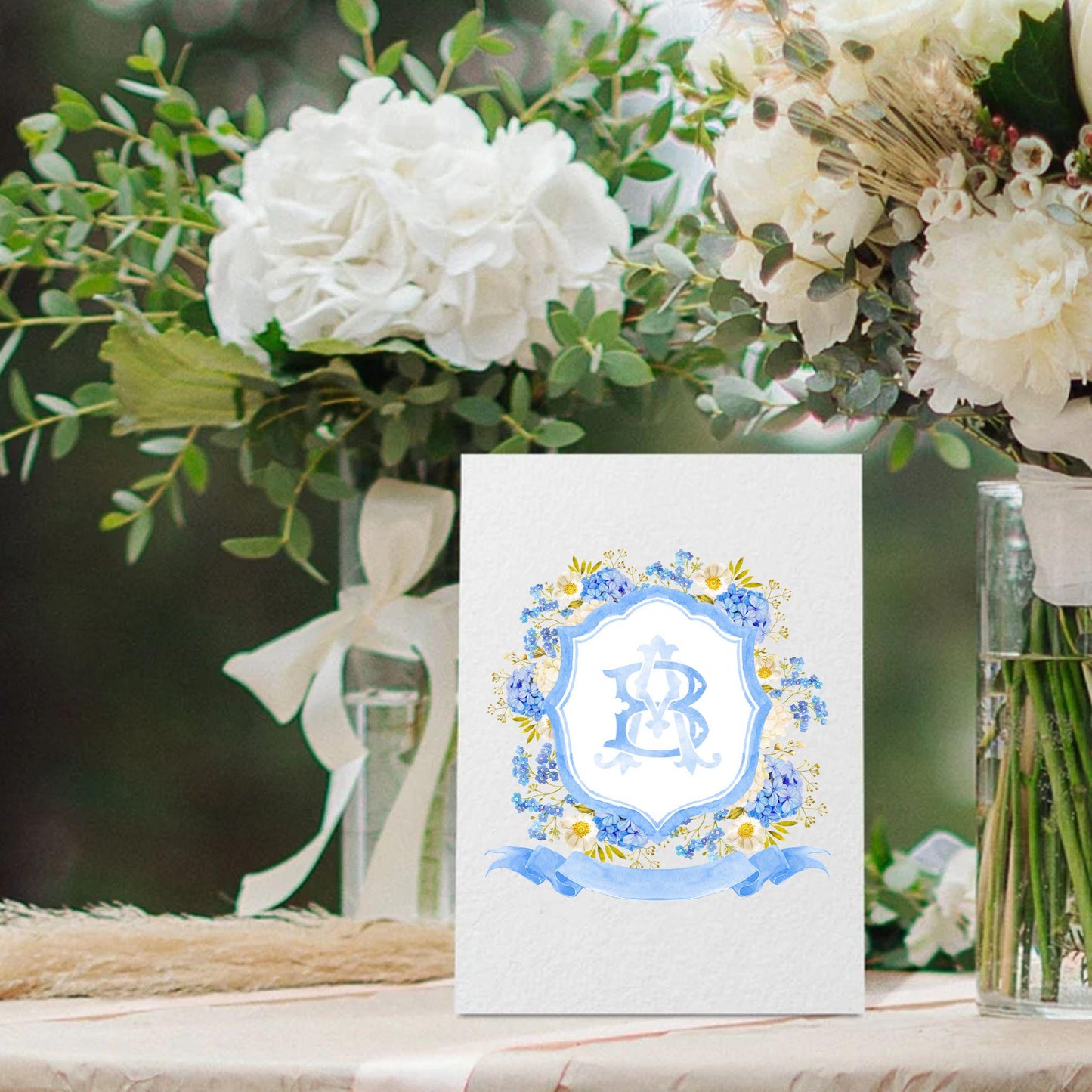 Blue White Hydrangeas Floral Wedding Crest - Monogram Crest - Hydrangea Floral Luxury Watercolor Wedding Crest - Romantic Wedding Crest