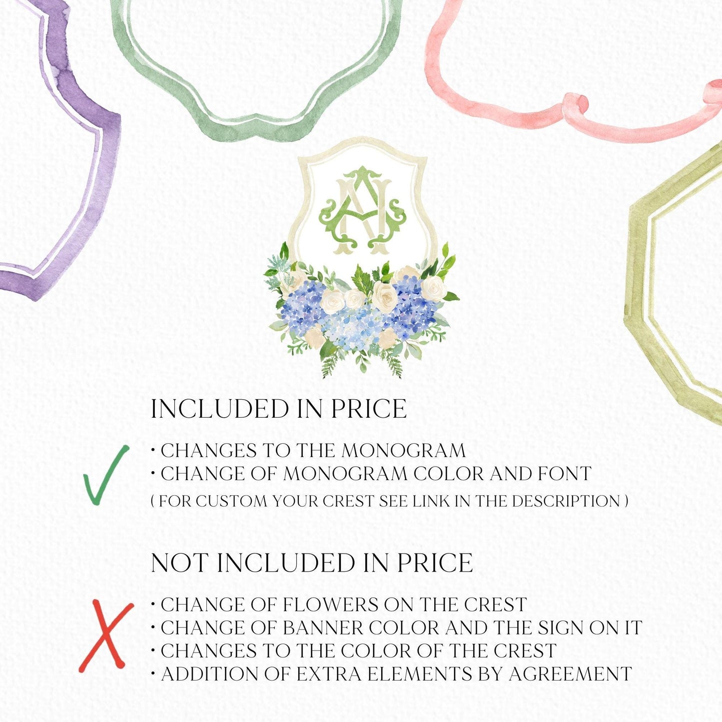 Hydrangea Flower Wedding Crest - Monogram Crest - Hydrangea Floral Blue Watercolor Wedding Crest - Romantic Wedding Crest - Boho Hydrangea