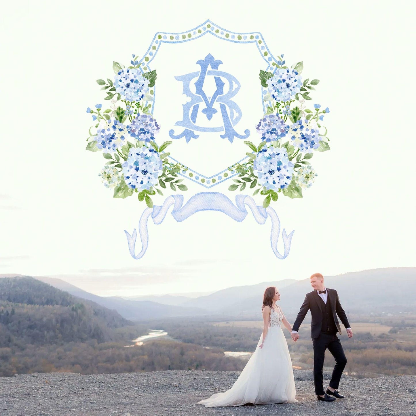 Hydrangea Flower Wedding Crest - Monogram Crest - Hydrangea Floral Luxury Watercolor Wedding Crest - Romantic Wedding Crest- Boho Hydrangea