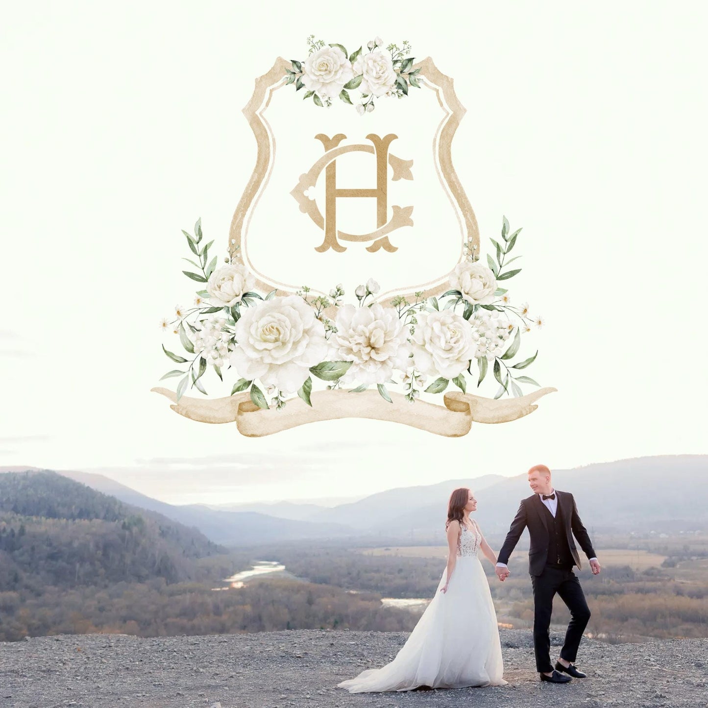 White Rose Greenery Hydrangea Flower Wedding Crest - Monogram Crest - Hydrangea White Floral Watercolor Wedding Crest Romantic Wedding Crest