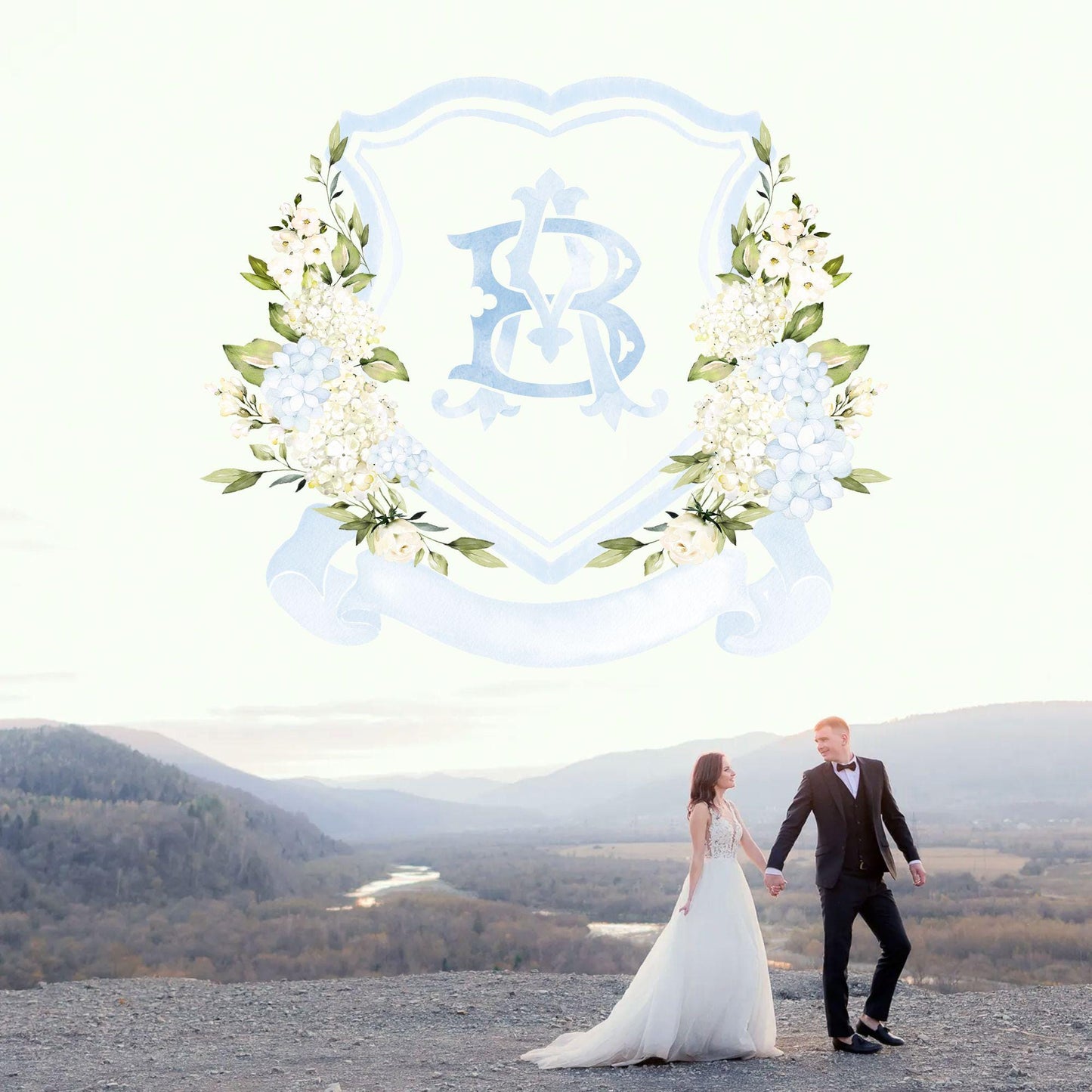 White Blue Hydrangea Flower Wedding Crest - Monogram Crest - Hydrangea Floral Watercolor Wedding Crest - Romantic Wedding Crest - Hydrangea
