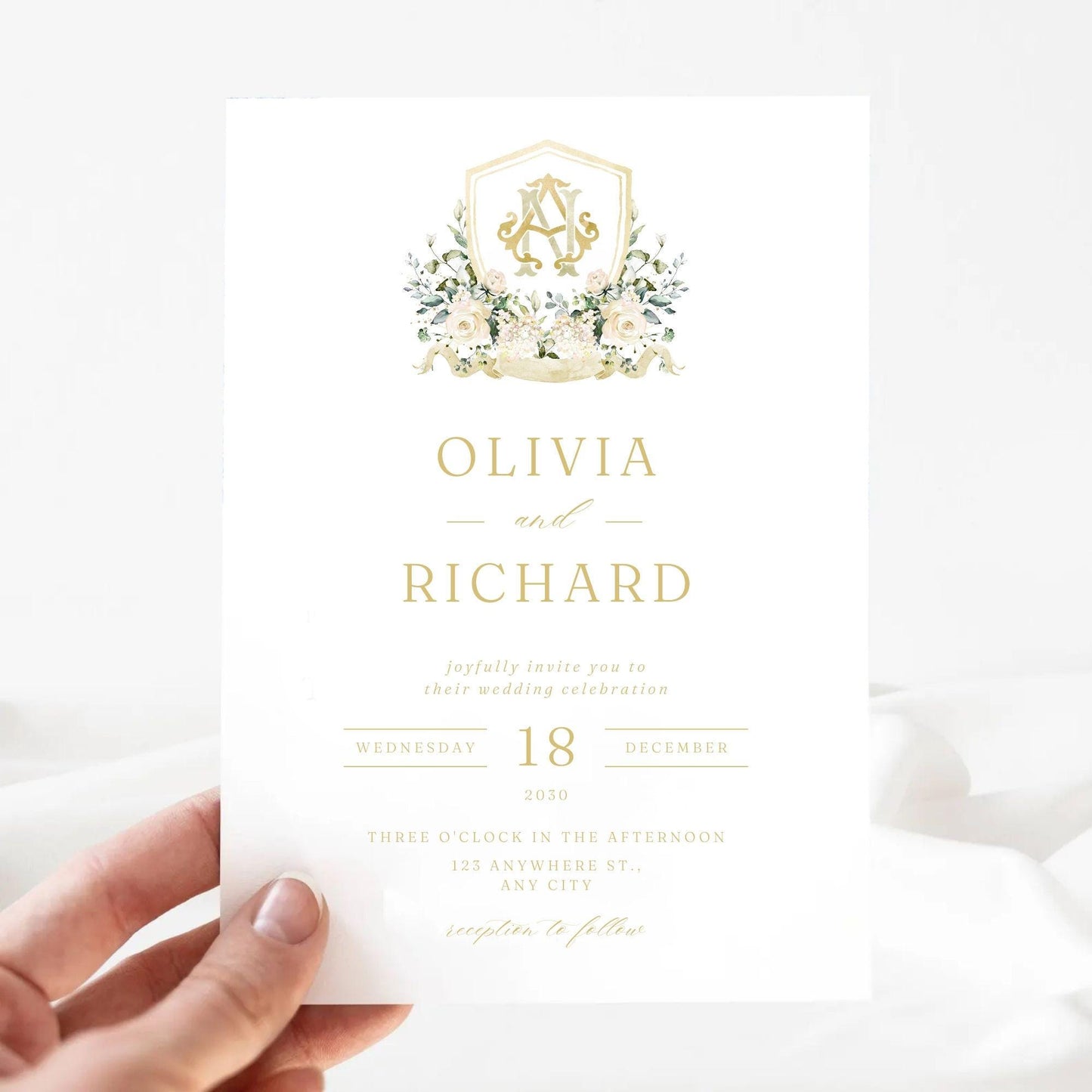 White Rose Greenery White Flower Wedding Crest - Monogram Crest - White Floral Watercolor Wedding Crest - Romantic Wedding Crest