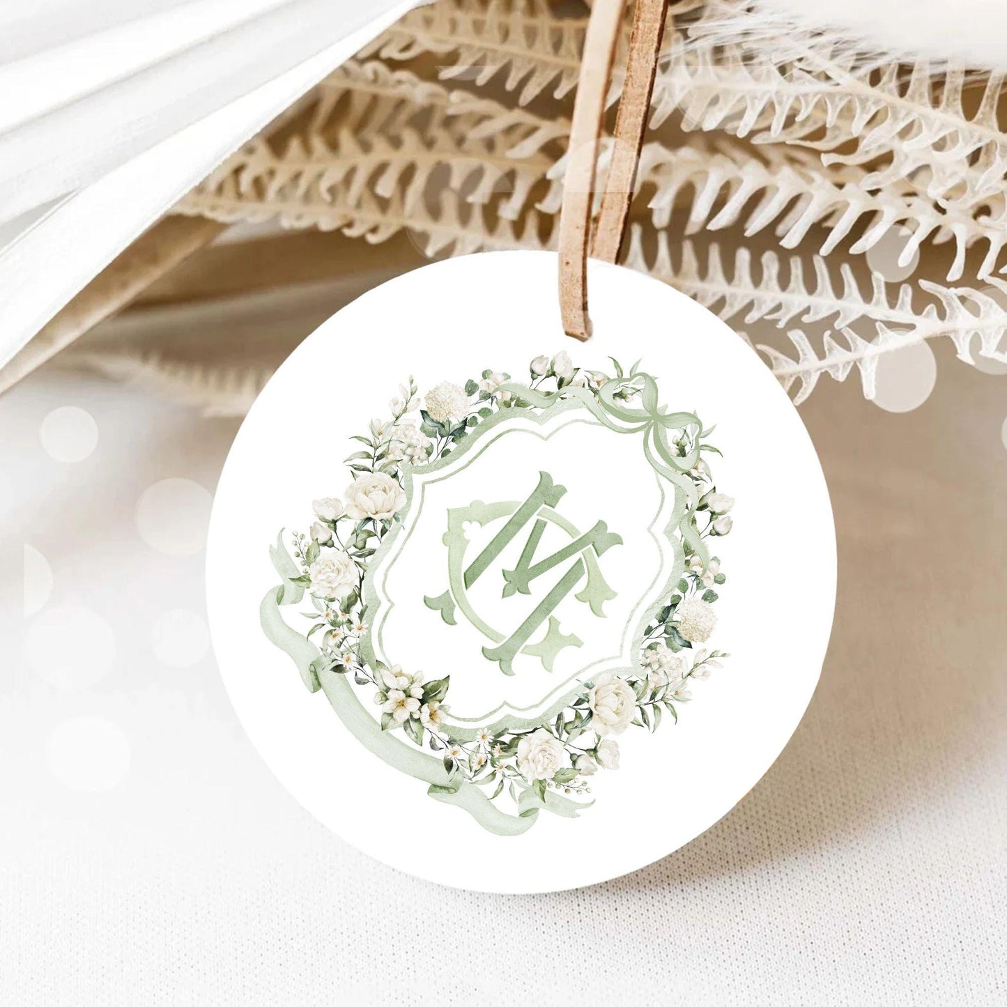 White Rose Greenery White Flower Wedding Crest - Monogram Crest - White Floral Watercolor Wedding Crest - Romantic Wedding Crest