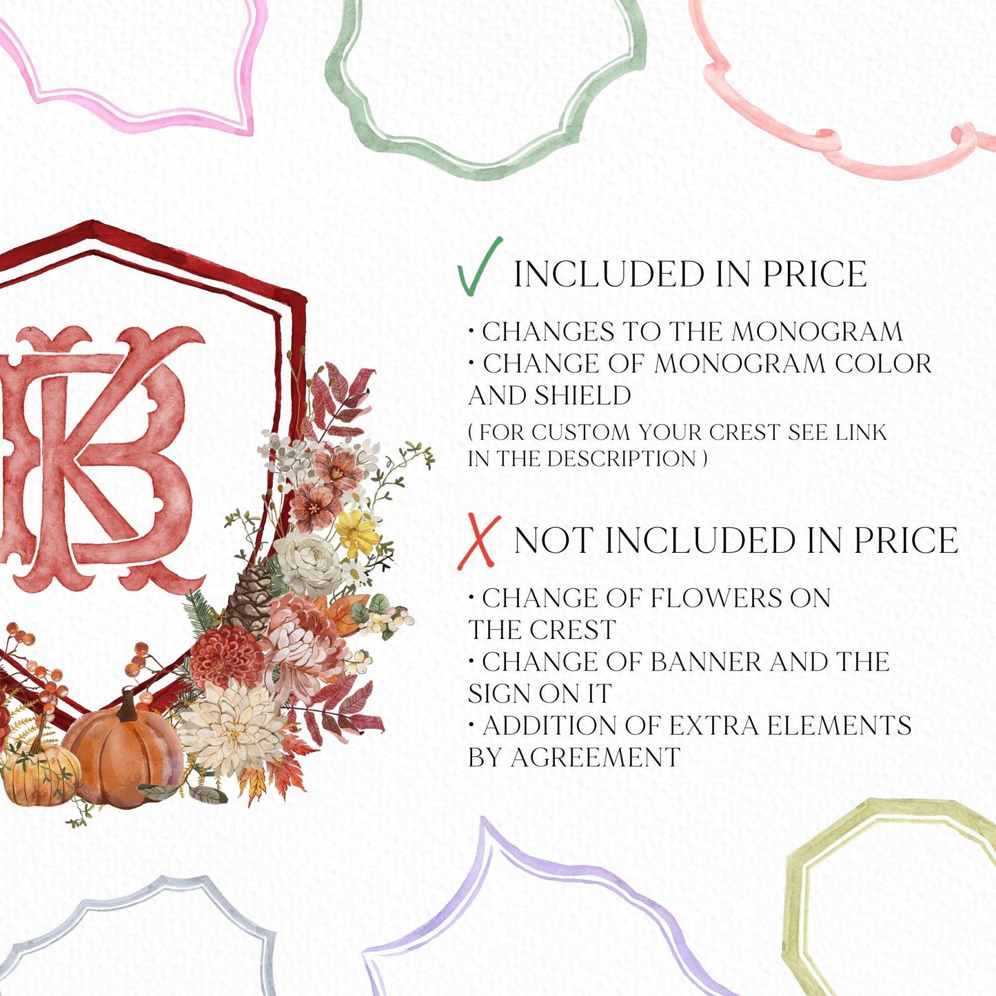 Autumn Watercolor Flower Leaf Wedding Crest - Monogram Crest - Rustic Fall Floral Luxury Watercolor Wedding Crest - Pumpkins Wedding Crest
