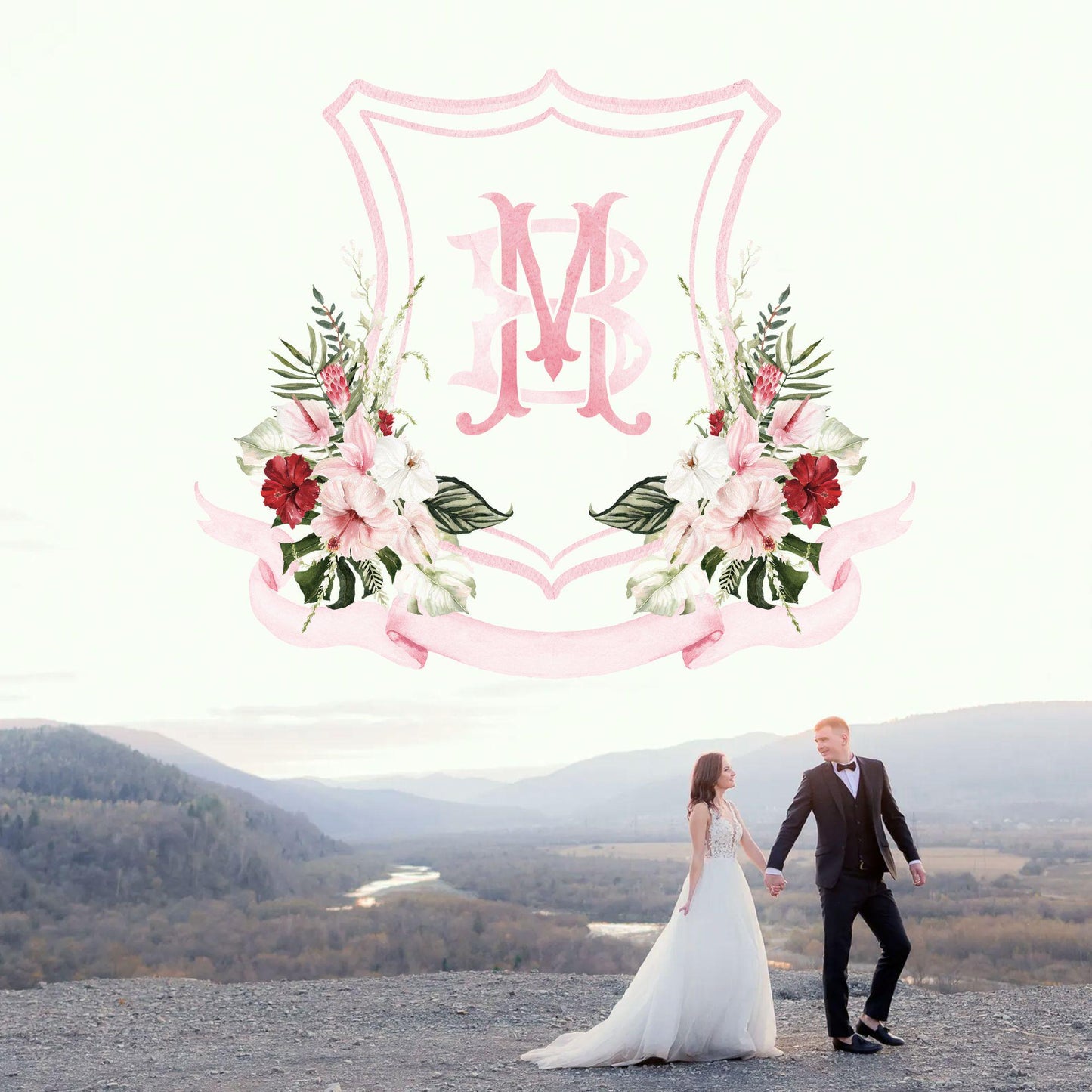 Jungle Bridal Watercolor Flowers Wedding Crest - Monogram Crest - Summer Tropical Watercolor Wedding Crest - Romantic Wedding Crest