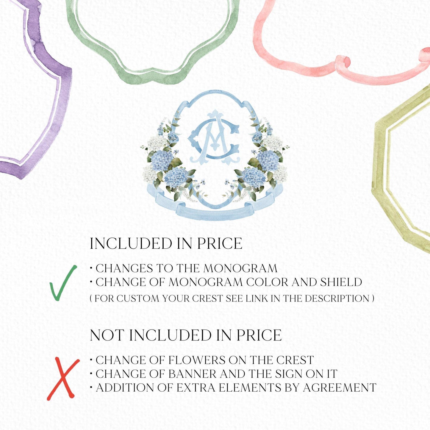 Hydrangea Flower Wedding Crest - Monogram Crest - Hydrangea Floral Luxury Watercolor Wedding Crest - Romantic Wedding Crest- Boho Hydrangea