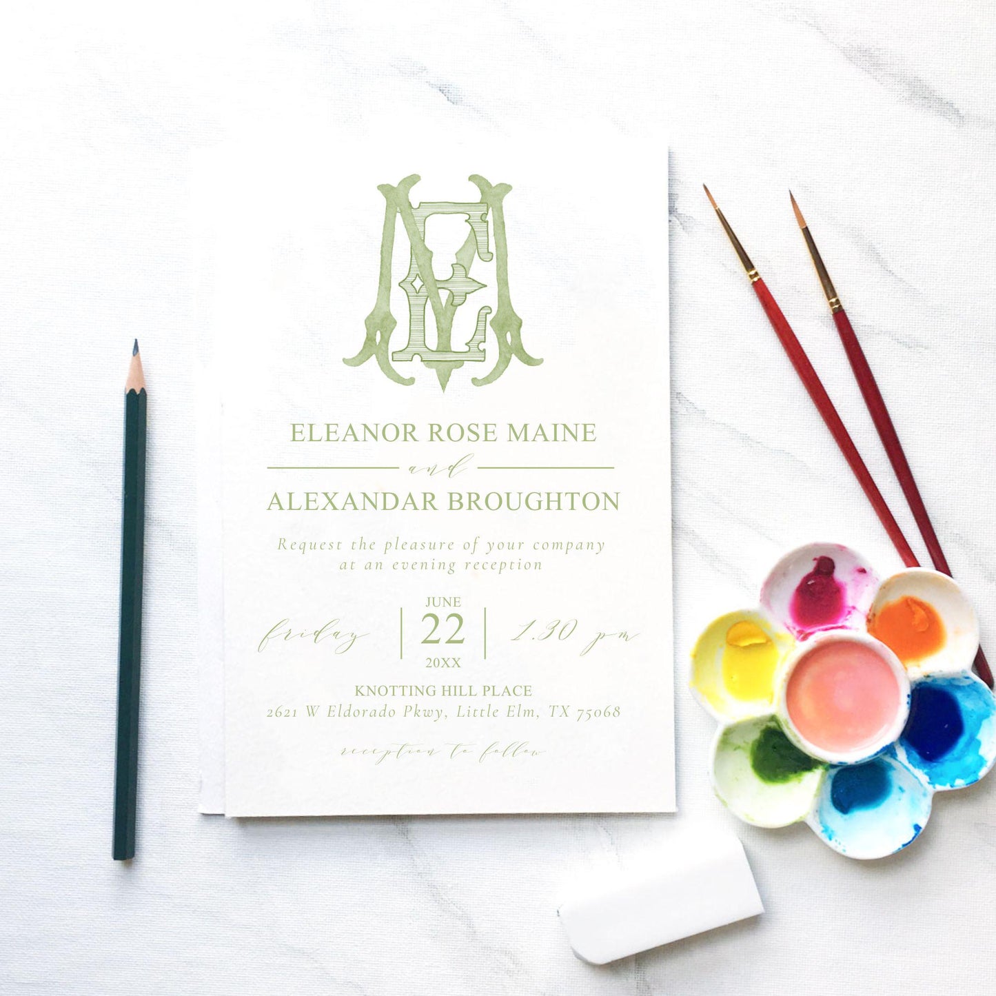 Watercolor Wedding Monogram – ME Initial Crest (Digital Download)