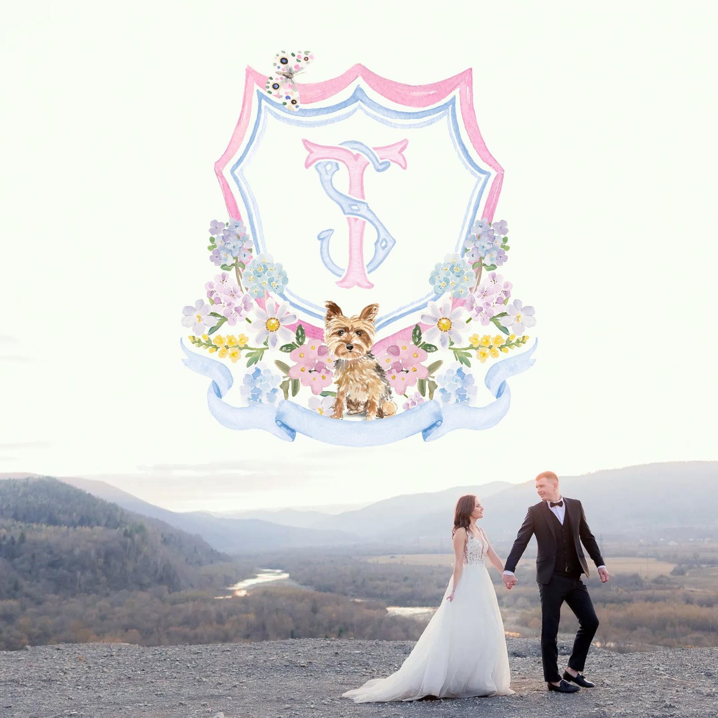 soft watercolor Tones Flower Wedding Crest Watercolor - Monogram Crest - Bright Floral Watercolor Wedding Crest - Romantic Wedding Crest