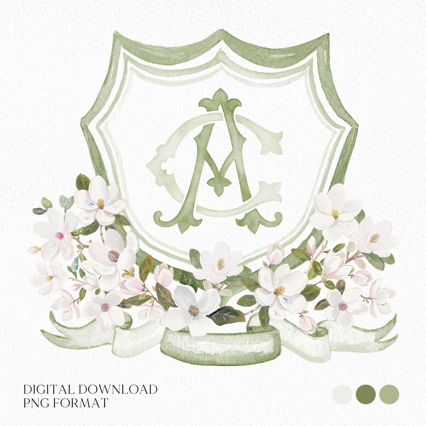 Magnolia Greenery Flower Watercolor Wedding Crest - Monogram Crest - Magnolia Floral Watercolor Wedding Crest - Romantic Wedding Crest