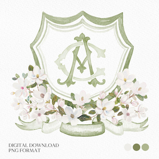 Magnolia Greenery Flower Watercolor Wedding Crest - Monogram Crest - Magnolia Floral Watercolor Wedding Crest - Romantic Wedding Crest