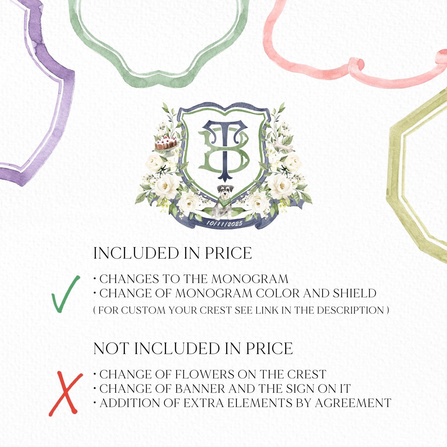 Creamy Rose Ivory Greenery White Flower Wedding Crest - Monogram Crest - White Floral Watercolor Wedding Crest - Romantic Wedding Crest