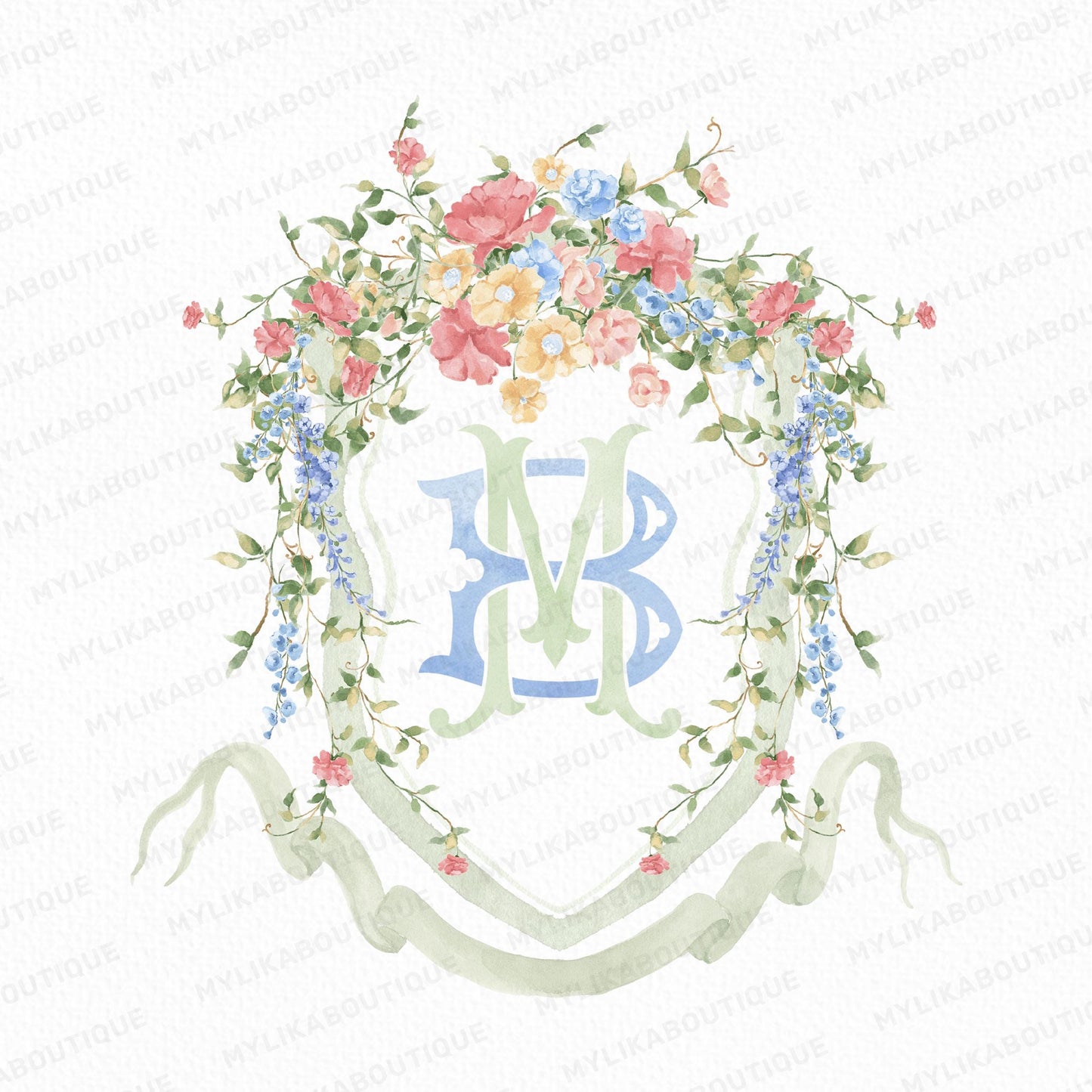 Wildflowers Pink Flower Garden Flowers Wedding Crest - Monogram Crest - Floral Luxury Watercolor Wedding Crest - Romantic Wedding Crest