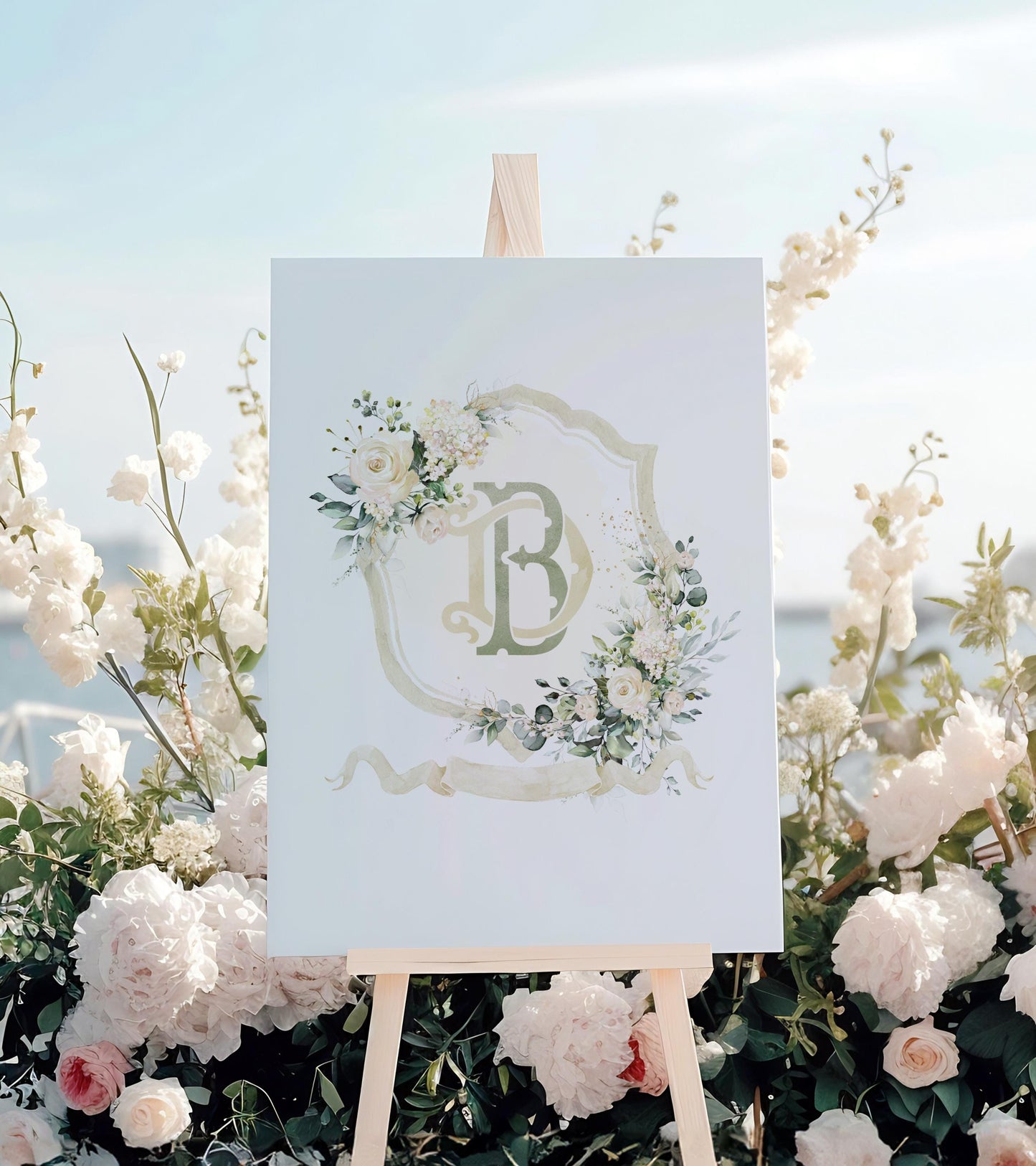 Creamy Rose Ivory Greenery Gold Flower Wedding Crest - Monogram Crest - Floral Luxury Watercolor Wedding Crest - Romantic Wedding Crest