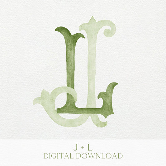 Watercolor Wedding Monogram JL – Classic Initial Crest (Digital Download)