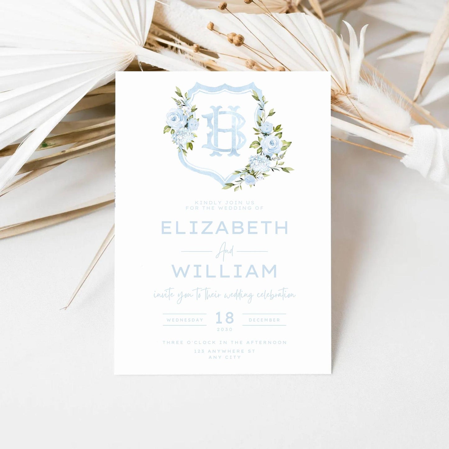 Baby Blue Roses Eucalyptus Flower Wedding Crest - Monogram Crest - Blue Floral Luxury Watercolor Wedding Crest - Romantic Wedding Crest