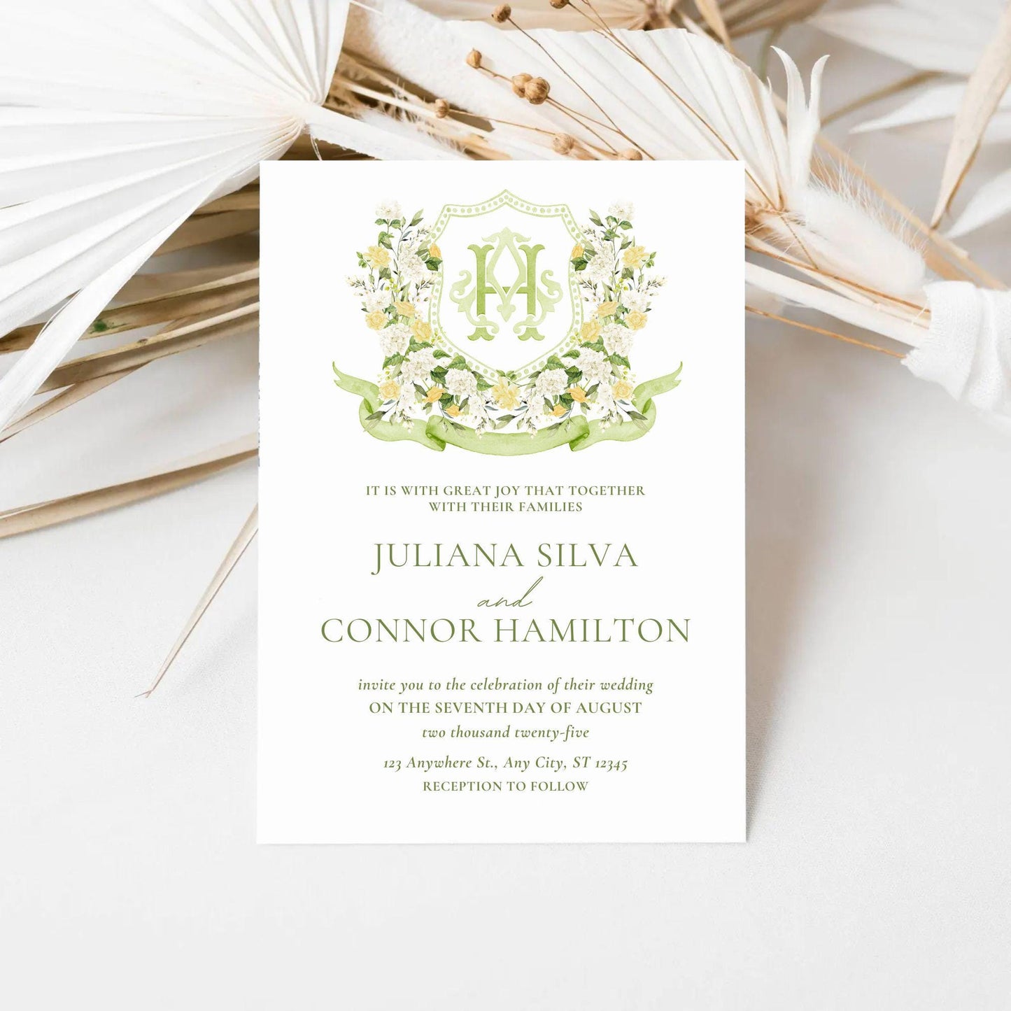 White Hydrangea Light Yellow Rose Flower Wedding Crest - Monogram Crest - Hydrangea Floral Luxury Watercolor Wedding Crest