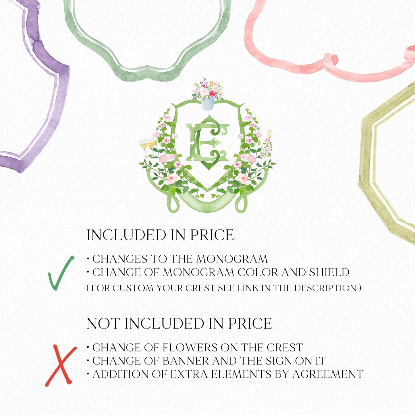 Pastel Roses Pink Greenery Flower Wedding Crest - Monogram Crest - Pink Blush Floral Watercolor Wedding Crest - Romantic Wedding Crest