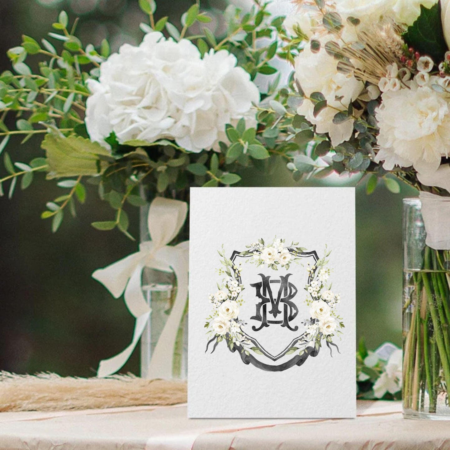 Creamy Rose Ivory Greenery White Flower Wedding Crest - Monogram Crest - White Floral Watercolor Wedding Crest - Romantic Wedding Crest