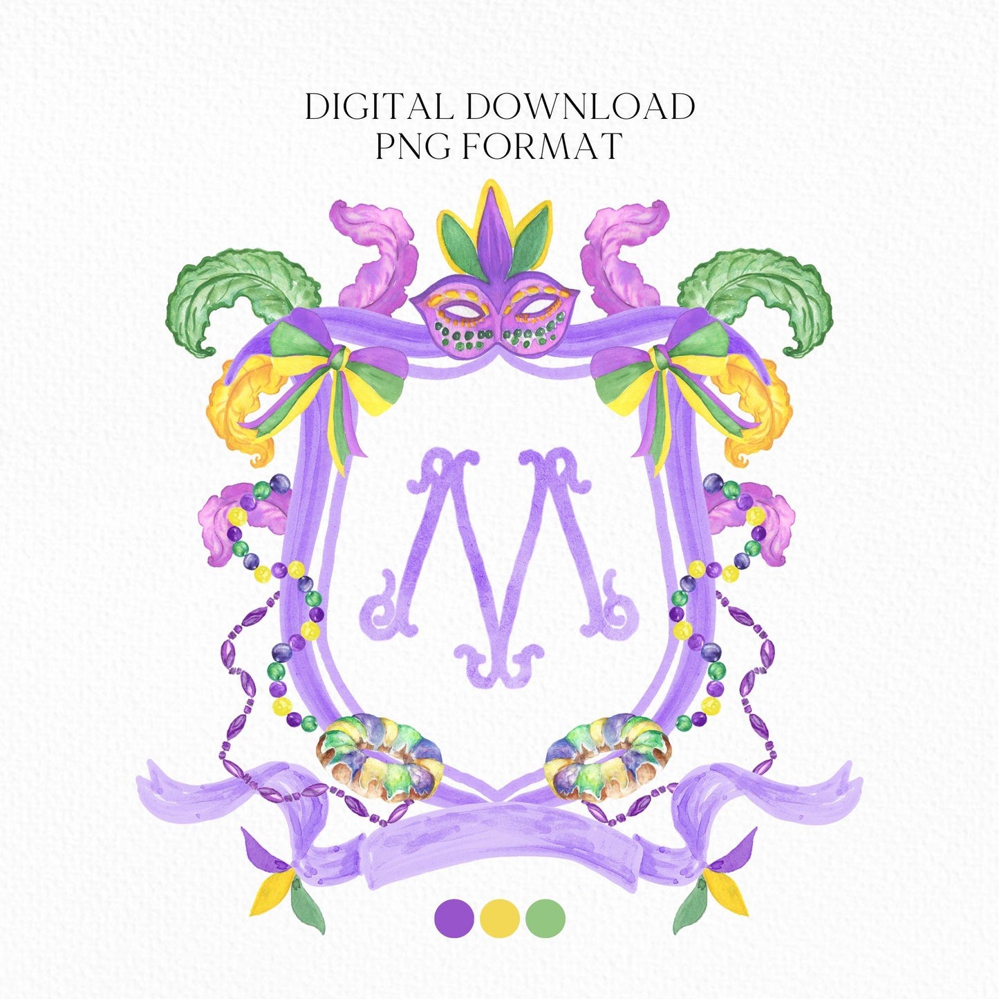 Mardi Gras New Orleans Crest Watercolor Wedding Crest - Monogram Crest - Mardi Gras Watercolor Wedding Crest Romantic Wedding Crest