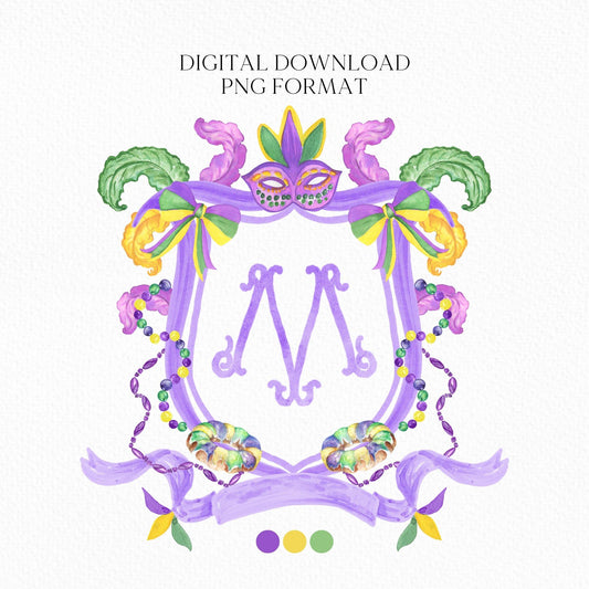 Mardi Gras New Orleans Crest Watercolor Wedding Crest - Monogram Crest - Mardi Gras Watercolor Wedding Crest Romantic Wedding Crest
