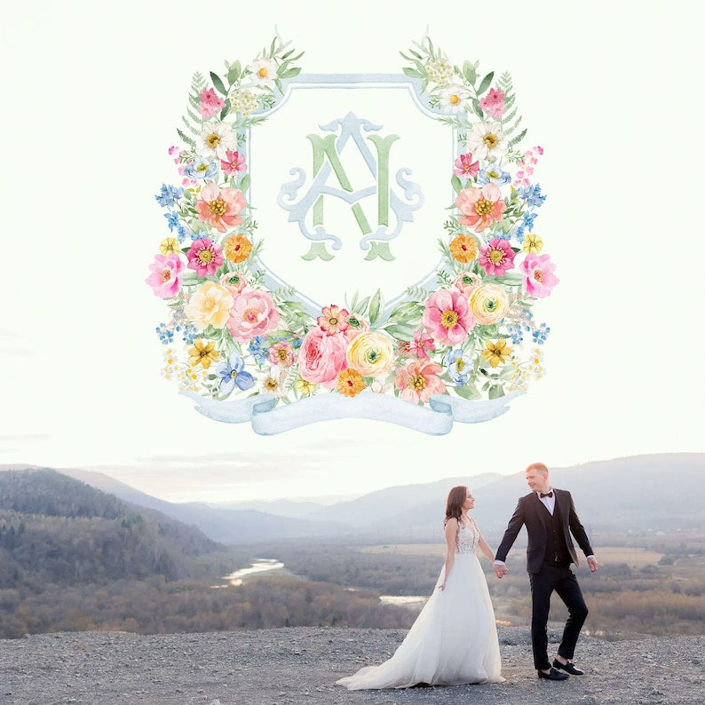 Wildflowers Bright Floral Colorful Watercolor Wedding Crest