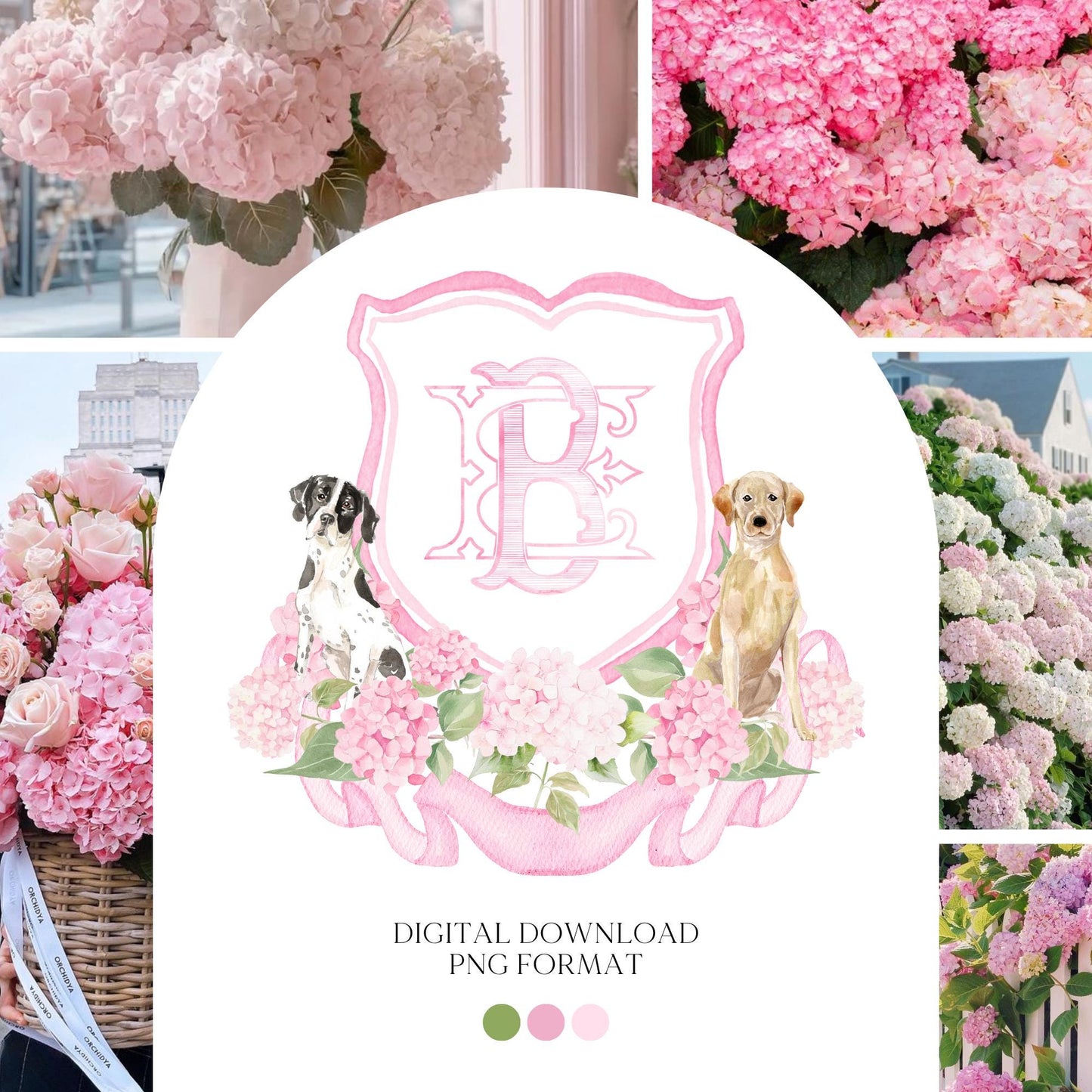 Hydrangea Pink Green Floral Wedding Crest - Monogram Crest - Hydrangea Floral Luxury Watercolor Wedding Crest - Romantic Wedding Crest