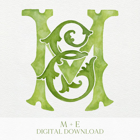 Watercolor Wedding Monogram – ME/EM Initial Crest (Digital Download)